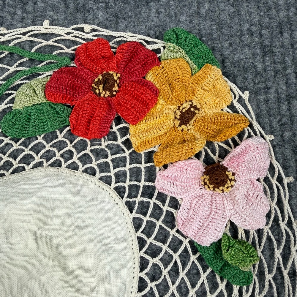 Vtg 1930s Crochet Dresser Doily 3D Flowers Floral Applique Handmade 11 Inch
